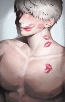 1boy adam&#039;s_apple blue_eyes closed_mouth collarbone grey_hair hair_over_one_eye highres light_blush lipstick_mark lipstick_mark_on_chest lipstick_mark_on_face lipstick_mark_on_neck looking_at_viewer love_and_deepspace male_focus muscular muscular_male nikiclumsy nipples pectorals short_hair solo upper_body xavier_(love_and_deepspace)