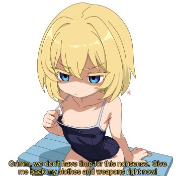 1girl absurdres annoyed black_souls blonde_hair blue_eyes blue_one-piece_swimsuit closed_mouth collarbone double-parted_bangs english_text flat_chest hair_between_eyes hair_intakes hanakaji_(yuuchanto) highres loli nipples on_bench one-piece_swimsuit red_hood_(black_souls) shaded_face short_hair sitting solo swimsuit v-shaped_eyebrows