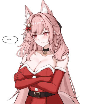 ... 1girl absurdres alternate_costume animal_ear_fluff animal_ears arknights bare_shoulders bell belt belt_buckle black_belt black_choker bow braid breasts buckle choker christmas cleavage closed_mouth commentary crossed_arms crossed_bangs dress elbow_gloves english_commentary fur-trimmed_dress fur-trimmed_gloves fur_trim gloves gongbangmanchi_(daisy_cutter) hair_bow hair_intakes hair_ornament highres jingle_bell large_breasts long_hair looking_down neck_bell pink_eyes pink_hair pozyomka_(arknights) red_bow red_dress red_gloves santa_costume santa_dress simple_background solo spoken_ellipsis strapless strapless_dress upper_body variant_set white_background