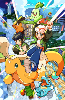 Rule 34 | 1boy, 1girl, absurdres, blue pants, brown hair, chikorita, commentary request, dragonite, gen 1 pokemon, gen 2 pokemon, gen 4 pokemon, gen 5 pokemon, green jacket, harmony (pokemon), hat, highres, jacket, mega dragonite, mega pokemon, nintendo, on head, open mouth, pannomimi0301, pants, paxton (pokemon), poke ball, poke ball (basic), pokemon, pokemon (creature), pokemon legends: z-a, pokemon on head, rotom, rotom phone, tepig, totodile, white hat, yellow eyes