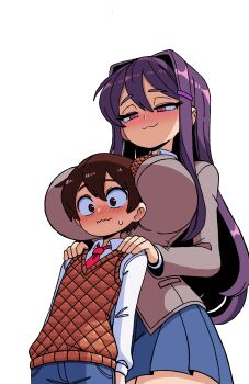 1boy 1girl age_difference aged_down between_breasts breasts doki_doki_literature_club doki_doki_literature_club_school_uniform head_between_breasts hetero highres huge_breasts onee-shota protagonist_(doki_doki_literature_club) self-upload shota size_difference tagme unepicroachy yuri_(doki_doki_literature_club)