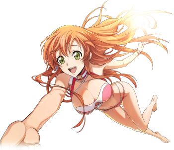 1girl bikini bracelet breasts brown_hair choker code_geass code_geass:_lost_stories earrings f4samurai game_cg green_eyes happy highres jewelry long_hair official_art open_mouth orange_hair shirley_fenette side-tie_bikini_bottom smile solo summer summer_uniform swimsuit teeth