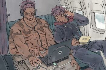 2468_carp 2boys aircraft airplane computer computer_mouse extra_eyes gakuran hand_on_headphones headphones highres hood hood_down jujutsu_kaisen laptop male_focus multiple_boys muscular muscular_male pink_hair red_hood ryoumen_sukuna_(jujutsu_kaisen) ryoumen_sukuna_(true_form)_(jujutsu_kaisen) school_uniform short_hair shoulder_tattoo sitting tattoo topless_male
