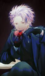 Rule 34 | 1boy, apple, black coat, black gloves, black pants, black shirt, chinese commentary, coat, commentary request, earrings, food, fruit, gloves, highres, holding, holding food, holding fruit, jewelry, long sleeves, male focus, multicolored hair, oioios, open clothes, open coat, open mouth, pants, pink hair, purple hair, red apple, red eyes, saibou shinkyoku, shirt, short hair, sitting, smile, solo, theodore riddle