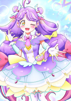 Rule 34 | 1girl, ;d, absurdres, ahoge, back bow, blush, bow, bow earrings, brooch, brown eyes, buttons, capelet, color connection, colorful background, commentary, cowboy shot, cure answer, cure coral, dot nose, double-breasted, double bun, dress, earrings, fingerless gloves, gem, glove bow, gloves, hair bow, hair bun, hair ornament, heart, heart-shaped blush stickers, heart brooch, heart in eye, highres, jewelry, large bow, layered dress, legs together, long hair, looking at viewer, meitantei precure!, multi-tied hair, one eye closed, open mouth, outstretched hand, pact holder, parted bangs, pink bow, precure, purple bow, purple capelet, purple dress, purple gem, purple hair, revaspa picture, sidelocks, smile, solo, standing, suzumura sango, symbol in eye, thighhighs, tropical-rouge! precure, watermark, white gloves, white thighhighs, yellow bow