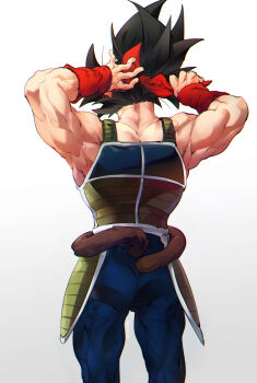 1boy armor back bardock bare_shoulders black_hair dragon_ball dragonball_z facing_away from_behind headband highres male_focus monkey_boy monkey_tail muscular muscular_male ommmyoh saiyan saiyan_armor short_hair shoulder_blades simple_background solo spiked_hair standing tail tail_around_own_waist wristband