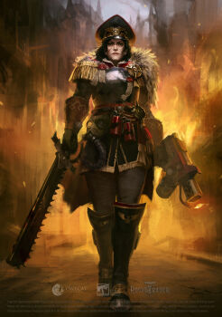 Rule 34 | 1girl, absurdres, armor, belt, black boots, black gloves, black hair, black hat, bolter, boots, breastplate, chainsword, commissar (warhammer 40k), company name, copyright name, epaulettes, facial scar, fringe trim, full body, gloves, green eyes, hat, highres, holding, holding weapon, knee boots, looking at viewer, maksim kuznetsov, military uniform, official art, realistic, scar, scar on cheek, scar on face, serious, short hair, solo, warhammer 40k, warhammer 40k: rogue trader, watermark, weapon
