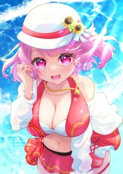 1girl :d adjusting_hair bare_shoulders bikini breasts cleavage collarbone commentary_request fire_emblem fire_emblem_engage fire_emblem_heroes flat_cap from_above hand_up hat highres jacket lapis_(fire_emblem) lapis_(forager_of_the_sea)_(fire_emblem) large_breasts looking_at_viewer looking_up multicolored_bikini navel negitama_(nkmdk41) nintendo ocean official_alternate_costume open_mouth outdoors pink_eyes pink_hair red_bikini skindentation smile solo sparkle stomach swimsuit thighs two-tone_hat water white_hat white_jacket