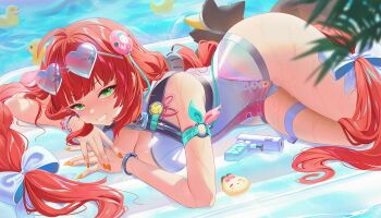 1girl animal arm_strap bare_shoulders blunt_bangs blurry blurry_foreground blush bow bracelet braid breasts bubble casual_one-piece_swimsuit cleavage commentary cowboy_shot day eyewear_on_head fingernails green_eyes grin hair_bow hair_ornament hearing_aid heart heart-shaped_eyewear heart_sticker highres inflatable_raft jewelry kamanosuke_(zenless_zone_zero) laevan large_breasts light_particles long_hair looking_at_viewer low_twin_braids low_twintails lying nail_polish official_alternate_costume on_side one-piece_swimsuit orange_nails outdoors parted_lips pink_one-piece_swimsuit red_hair rimless_eyewear rubber_duck see-through_clothes see-through_one-piece_swimsuit smile solo sphere_hair_ornament sticker sticker_on_face sunglasses swimsuit tanuki thigh_strap twin_braids twintails two-tone_one-piece_swimsuit ukinami_yuzuha ukinami_yuzuha_(tanuki_in_broad_daylight) very_long_hair water water_gun wet white_bow white_one-piece_swimsuit zenless_zone_zero