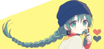 Rule 34 | 1girl, :3, anzu (o6v6o), aqua eyes, aqua hair, aqua nails, beanie, braid, closed mouth, commentary request, earrings, eyelashes, from side, hand up, hat, hatsune miku, heart, holding, holding own hair, jewelry, light blush, long hair, long sleeves, looking at viewer, low twin braids, portrait, shirt, sleeves past wrists, solo, turning head, twin braids, twitter username, vocaloid, white shirt, wide shot, yellow background
