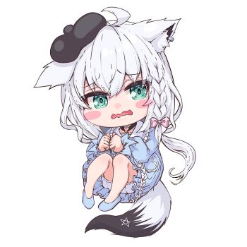 1girl ahoge alternate_costume animal_ear_fluff animal_ear_piercing animal_ears blue_dress braid chibi choker dress fox_ears fox_girl fox_tail green_eyes hair_between_eyes heart heart_choker hololive kajimakoto knees_up long_hair open_mouth pentagram shirakami_fubuki simple_background single_braid sitting solo tail virtual_youtuber white_background white_hair