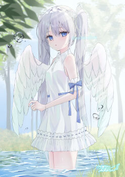 1girl absurdres arm_cuffs blue_eyes blue_sky blurry blurry_foreground breasts cloud commentary dress feathered_wings grass grey_hair highres long_hair looking_at_viewer murur_(matsumikoru) original outdoors parted_lips pond signature sky small_breasts symbol-only_commentary tree twintails wading water wet_lens white_dress wings