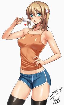 1girl absurdres aqua_eyes armpit_crease bare_arms black_thighhighs blonde_hair blue_shorts blush breasts camisole commentary_request food hair_between_eyes hand_on_own_hip highres holding holding_food holding_popsicle kamimura_chika looking_at_viewer medium_breasts melting_popsicle open_mouth orange_camisole panties panty_peek perky_breasts popsicle revision shorts signature simple_background sisters_~natsu_no_saigo_no_hi~ solo sweat thighhighs thighs two_side_up underwear white_background white_panties yoo_tenchi