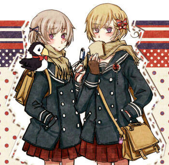 2boys ahoge axis_powers_hetalia bag bag_charm bird blonde_hair blush bow braid bread bread_slice cellphone charlieinoni charm_(object) crossdressing crossdressing_(mtf) detached_ahoge fingerless_gloves flip_phone food furrowed_brow gloves hair_between_eyes hair_bow hand_in_pocket iceland_(hetalia) long_sleeves looking_at_viewer messenger_bag multicolored_stripes multiple_boys multiple_hair_bows norway_(hetalia) phone pleated_skirt polka_dot polka_dot_background purple_eyes sailor_collar scarf short_hair shoulder_bag siblings side_ahoge side_braid skirt