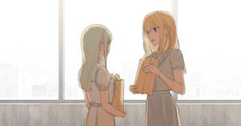 Rule 34 | 2girls, absurdres, bang dream!, bang dream! it's mygo!!!!!, blonde hair, commentary, cucumber, dress, green hair, grey shirt, grey skirt, hanasakigawa school uniform, highres, long hair, medium hair, misumi uika, multiple girls, open mouth, purple eyes, school uniform, shirt, short sleeves, sidelocks, skirt, tsukinomori school uniform, wakaba mutsumi, white dress, window, xinyi6239222644