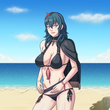 1girl absurdres alternate_costume beach bikini black_bikini black_swimsuit blue_eyes blue_sky breasts female_byleth_(fire_emblem) female_byleth_(summer)_(fire_emblem) female_focus fire_emblem fire_emblem:_three_houses fire_emblem_heroes green_hair highres large_breasts nintendo ocean official_alternate_costume sky sokloeum swimsuit