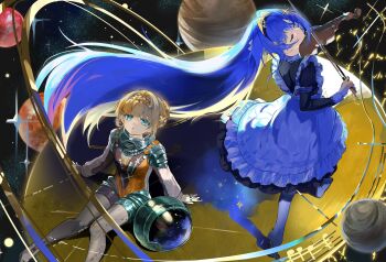 2girls apron arm_support astronaut azumame_tetora beamed_eighth_notes black_dress blonde_hair blue_eyes blue_hair bow_(music) braid braided_sidelock closed_eyes closed_mouth colored_inner_hair dress facing_up foot_out_of_frame frilled_apron frills from_above full_body hair_bun hair_intakes helmet highres holding holding_bow_(music) holding_instrument holding_violin instrument juliet_sleeves kiperina long_hair long_sleeves looking_at_viewer multicolored_hair multiple_girls music musical_note musical_staff no_shoes pantyhose planet playing_instrument profile puffy_sleeves reverse:1999 school_uniform sitting soviet_school_uniform space_helmet spacesuit standing star_(sky) starry_sky_background unworn_headwear unworn_helmet very_long_hair violin voyager_(fate) voyager_golden_record white_pantyhose