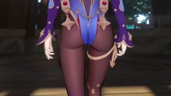 1girl 3d absurdres animated ass ass_focus ass_shake blue_hair from_behind genshin_impact head_out_of_frame highres leotard long_hair lower_body mona_(genshin_impact) nagoonimation pantyhose sound thigh_gap thighs treasure_chest twintails walking video