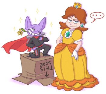 1boy 1girl alien annoyed ass blue_eyes brown_hair cape dress earrings evil_grin evil_smile flower flower_earrings full_body gloves grin jewelry looking_at_another mario_(series) nintendo one_eye_closed orange_dress princess_daisy puffy_short_sleeves puffy_sleeves short_sleeves smile speech_bubble standing super_mario_land tatanga wink