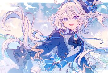 1girl anetu_u107 ascot bird black_gloves blue_ascot blue_coat blue_eyes blue_hair blue_hat blue_sash blue_sky blush border brooch bubble cloud coat colored_inner_hair commentary furina_(genshin_impact) genshin_impact gloves half_gloves hat hat_ribbon heterochromia highres jewelry letterboxed long_hair looking_at_viewer multicolored_hair open_mouth ribbon sash sky smile solo top_hat very_long_hair vest vision_(genshin_impact) watermark white_border white_hair white_vest