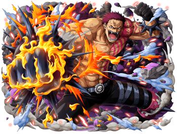 1boy abs arm_tattoo attack belt biceps black_gloves bodskih charlotte_katakuri clenched_hands destruction explosion fangs fire gloves haki_(one_piece) injury looking_at_viewer manly non-web_source official_art one_piece one_piece_treasure_cruise pants pectorals pink_eyes pink_hair polearm punching scar scar_on_face scar_on_mouth serious sharp_teeth short_hair solo tattoo teeth transparent_background weapon