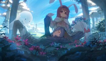 2girls :3 ^_^ absurdres animal_ears ap04astral arm_up black_hairband blue_hair blue_sky bouquet brown_eyes brown_hair c: capelet closed_eyes column commentary day flower fujimi_nemu fushimi_nodoka ghost grass hairband highres holding holding_bouquet holding_hands knee_up lap_pillow long_hair long_sleeves lying multiple_girls on_back onii-chan_wa_oshimai! outdoors pillar puffy_long_sleeves puffy_sleeves rabbit_ears ruins sky smile