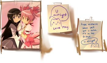 Rule 34 | 2girls, akemi homura, angela he, doodle inset, english text, highres, kaname madoka, mahou shoujo madoka magica, missed messages, multiple girls, non-web source, object focus, official art, official art inset, photo (object), sticky note, tape, transparent background