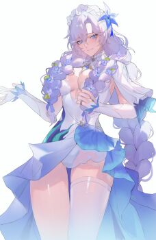 Rule 34 | 1girl, alternate hairstyle, blue flower, braid, breasts, cantarella (wuthering waves), charismaing, commentary, dress, flower, hair flower, hair ornament, headdress, high-low dress, highres, korean commentary, large breasts, mark under eye, panties, purple eyes, purple hair, simple background, single thighhigh, smile, solo, thighhighs, underwear, white background, white dress, white panties, white thighhighs, wuthering waves
