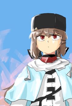 1girl black_hat black_ribbon blue_shawl brown_hair closed_mouth commentary fur_hat hair_between_eyes hair_ornament hair_ribbon hairclip hat highres jacket kantai_collection knyaz long_hair long_sleeves papakha red_eyes ribbon scarf shark shawl simple_background solo tashkent_(kancolle) upper_body white_jacket white_scarf