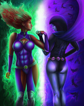 absurdres ass belt boots breasts cape cleavage_cutout closed_eyes clothing_cutout colored_skin dark_skin dc_comics grey_skin hair_up highres hip_vent holding_hands hood ivan_khudoy leotard multiple_girls muscular muscular_female raven_(dc) red_hair starfire teen_titans