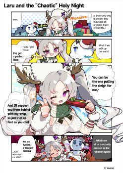 +_+ 1girl 1other ;d absurdres anger_vein blue_eyes breasts chibi chibi_tyrant_(stella_sora) cleavage cleavage_cutout closed_eyes clothing_cutout commentary copyright_notice crossed_arms english_commentary english_text fake_antlers fang finger_gun fur-trimmed_headwear fur_hat fur_trim gift green_scarf grey_hair hair_ornament hair_scrunchie hand_on_own_chin hat highres holding holding_gift holding_whip horned_hat knit_scarf knit_sweater large_breasts laru_(snowish)_(stella_sora) laru_(stella_sora) long_hair official_art one_eye_closed open_mouth papakha parted_bangs purple_eyes red_hat red_scrunchie santa_hat scarf scrunchie skin_fang sleeveless sleeveless_sweater smile sparkle_hat_ornament speech_bubble stella_sora stroking_own_chin sweater twintails tyrant_(stella_sora) very_long_hair white_hat white_sweater