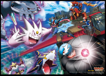2016 alakazam ash-greninja ash_ketchum blue_sky cloud cloudy_sky copyright_name dated epic fighting gardevoir gen_1_pokemon gen_2_pokemon gen_3_pokemon gen_6_pokemon gen_7_pokemon gengar greninja grin holding holding_poke_ball holding_staff index_finger_raised jumping kimia_(pokemon) legendary_pokemon mega_alakazam mega_gardevoir mega_gengar mega_pidgeot mega_pokemon mega_sharpedo mega_steelix multiple_boys mythical_pokemon nintendo official_art pidgeot pikachu poke_ball pokemon pokemon_(anime) pokemon_(creature) pokemon_the_movie:_volcanion_and_the_mechanical_marvel pokemon_xy_(anime) sharp_teeth sharpedo sky smile source_request staff steelix teamwork teeth title volcanion