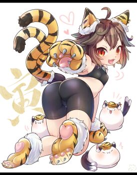 1girl :3 ahoge alternate_costume animal_ears animal_hands animal_print animal_shoes arm_support ass bike_shorts black_tank_top blob blush breasts brown_hair cat_tail chen chinese_zodiac claws closed_eyes commentary_request eyelashes fangs foreshortening fur_trim hat heart highres ibaraki_natou kneeling letterboxed mob_cap mochen multiple_tails navel nekomata open_mouth paw_print_soles red_eyes short_hair simple_background slit_pupils small_breasts solo stomach tail tank_top tiger_ears tiger_print tiger_tail tongue tongue_out touhou twisted_torso two_tails white_background year_of_the_tiger