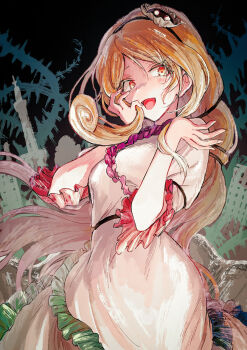 1girl black_hairband blonde_hair commentary_request dress frilled_dress frilled_sleeves frills gradient_hair grey_hair hair_ornament hairband hand_on_own_cheek hand_on_own_face highres hisona_(suaritesumi) long_hair multicolored_hair open_mouth orange_eyes shell shell_hair_ornament short_sleeves solo touhou very_long_hair watari_nina white_dress