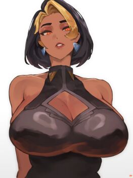 Rule 34 | 1girl, arm at side, arm behind back, artist name, bare arms, bare shoulders, black hair, black shirt, blonde hair, breasts, cleavage, cleavage cutout, clothing cutout, collarbone, commentary, curtained hair, dark-skinned female, dark skin, domina (overwatch), earrings, fukuya art, gradient background, grey background, halter shirt, halterneck, highres, huge breasts, jewelry, looking at viewer, mole, mole on breast, multicolored hair, orange eyes, overwatch, parted lips, shirt, short hair, sleeveless, sleeveless shirt, solo, two-tone background, two-tone hair, upper body, white background