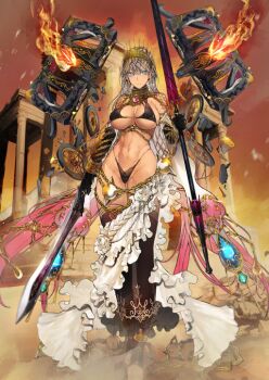 1girl anklet arm_at_side asymmetrical_dual_wielding ball_and_chain_restraint black_bra black_gloves black_panties black_skirt black_thighhighs blue_eyes bound bound_legs bra bracelet breasts breasts_apart chain closed_mouth cuffs dark-skinned_female dark_skin dual_wielding dust elbow_gloves fate/grand_order fate_(series) fire fishnets flaming_weapon floating floating_object floating_weapon frilled_skirt frills full_body game_cg gloves gold_anklet gold_bracelet gold_chain gold_choker gold_tiara gradient_hair grey_hair groin hand_up high-low_skirt highleg highleg_panties holding holding_polearm holding_sword holding_weapon jewelry large_breasts layered_skirt long_hair long_skirt looking_to_the_side lowleg lowleg_skirt multicolored_hair navel nishiide_kengorou official_art panties pink_hair polearm revealing_clothes see-through_skirt_layer shackles shawl skirt solo standing stomach sword thighhighs third-party_source tiara toeless_legwear toned toned_female underboob underwear variant_set very_long_hair weapon white_shawl white_skirt zenobia_(fate)