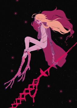 1girl ahoge bird_legs black_background blonde_hair brown_coat coat don_quixote_(project_moon) e.g.o_(project_moon) full_body gold_trim highres holding holding_polearm holding_weapon jacket la_manchaland_(identity)_(project_moon) la_sangre_de_sancho_(e.g.o) lapels limbus_company long_hair notched_lapels pants polearm project_moon sancho_(project_moon) simple_background solo talons weapon white_jacket white_pants yesheng_zong_ren