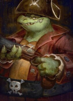 Rule 34 | 1boy, absurdres, antique firearm, blunderbuss, brown coat, coat, colored skin, crocodilian, donkey kong (series), donkey kong country 2, firearm, green skin, gun, hat, highres, holding, holding gun, holding weapon, king k. rool, looking at viewer, luis huerta, male focus, nintendo, pirate hat, skull and crossbones, solo, weapon