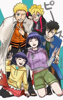 2girls 3boys adoptive_parent_and_adoptive_child adoptive_siblings bent_over black_hair black_thighhighs blonde_hair blue_eyes boots boruto:_naruto_next_generations breasts brothers cape commentary_request cropped_hoodie facial_mark family father_and_daughter father_and_son grin highres hood hoodie husband_and_wife hyuuga_hinata kawaki_(boruto) kneeling large_breasts miniskirt mother_and_daughter mother_and_son multicolored_hair multiple_boys multiple_girls naruto_(series) notane_n on_one_knee one_eye_closed open-toe_boots open-toe_shoes purple_hair red_skirt short_hair siblings sitting skirt smile thighhighs twitter_username two-tone_hair undercut uzumaki_boruto uzumaki_himawari uzumaki_naruto v white_cape yellow_hoodie yokozuwari