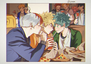 !? 1girl 6+boys ^_^ ashido_mina bakugou_katsuki black_hair blonde_hair blush boku_no_hero_academia border chromatic_aberration closed_eyes collared_shirt colored_skin drink drinking drinking_straw earrings food freckles green_eyes green_hair grin highres holding holding_drink jewelry kaminari_denki kirishima_eijirou looking_at_another male_focus messy_hair midoriya_izuku multicolored_hair multiple_boys open_mouth pink_hair pink_skin pizza pizza_slice red_eyes red_hair serein sharing shirt short_hair sitting smile spiked_hair table todoroki_shoto twitter_username two-tone_hair upper_body white_border white_hair wide-eyed yaoi