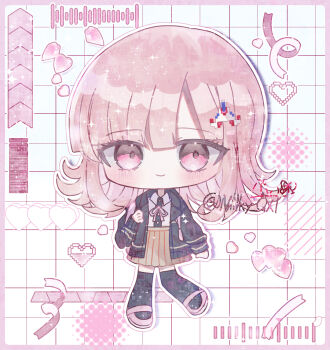 Rule 34 | 1girl, backpack, bag, black jacket, black shirt, black thighhighs, blunt bangs, blush, brown hair, brown skirt, chibi, collared shirt, commentary request, danganronpa (series), danganronpa 2: goodbye despair, hair ornament, heart, highres, jacket, medium hair, mei pei, miniskirt, nanami chiaki, neck ribbon, open clothes, open jacket, pink eyes, pink ribbon, pink shoes, pleated skirt, ribbon, shirt, shoes, skirt, smile, solo, thighhighs, white background, white shirt