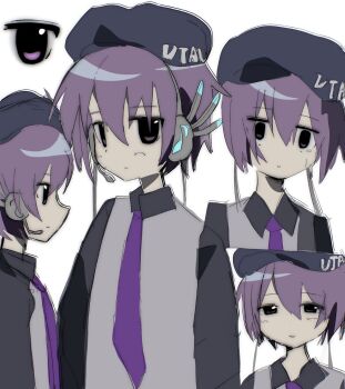 Rule 34 | beret, blue hat, closed mouth, collared shirt, expressionless, grey shirt, grey sleeves, hashtag-only commentary, hat, highres, necktie, purple hair, purple necktie, shirt, short hair, solo, upper body, utane uta, utau, uuuuua07