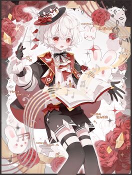 1boy :3 :d absurdres black_bow black_bowtie black_gloves black_hat black_jacket black_shorts black_thighhighs blush bow bowtie collared_shirt commission cyano dated double-parted_bangs feet_out_of_frame flower gloves hair_between_eyes half_gloves hat hat_bow highres holding holding_wand jacket long_sleeves looking_at_viewer male_focus musical_note musical_staff open_clothes open_jacket open_mouth original red_bow red_eyes red_flower red_rose rose shirt short_hair shorts signature smile solo sparkle standing striped_bow thigh_strap thighhighs wand watermark white_background white_hair white_shirt