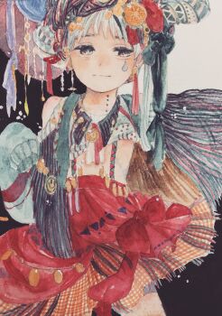 Rule 34 | 1girl, absurdres, acrylic paint (medium), bare shoulders, blush, bow, closed mouth, commentary request, cowboy shot, dress, earrings, expressionless, hair bow, hair ornament, hair ribbon, hat, highres, jewelry, karintoun, long hair, looking at viewer, necklace, original, painting (medium), patterned, portrait, ribbon, short hair, signature, straight-on, tears, traditional media, water, watercolor (medium), white hair