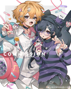 1boy 1girl absurdres black_hair blonde_hair blue_eyes hair_ornament hat heart highres jewelry male_focus multiple_boys non-web_source open_mouth purple_eyes short_hair smile yuanyunyu_3y