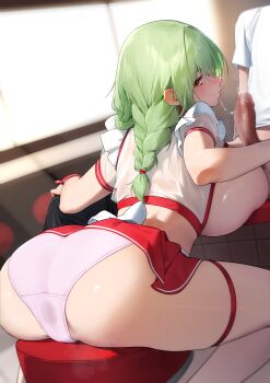 1boy 1girl absurdres after_fellatio ass banshee_(last_origin) beeeeen blush braid breasts breasts_out censored cropped_shirt cum cum_string erection green_hair grey_hair highres huge_breasts last_origin long_hair looking_at_viewer looking_back miniskirt panties penis pink_panties puffy_short_sleeves puffy_sleeves red_eyes red_skirt shirt short_sleeves skirt stool thighhighs thighs twin_braids underwear wet wet_clothes wet_panties white_shirt white_thighhighs wrist_cuffs