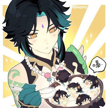 6+boys ahoge arm_spikes arm_tattoo armor asymmetrical_clothes bead_necklace beads black_hair blue_hair blush bowl braid chibi chinese_commentary chinese_text clone closed_eyes closed_mouth eating eyeshadow facial_mark flower food forehead_mark genshin_impact gloves gradient_hair green_gloves green_hair hair_flower hair_ornament highres holding holding_bowl holding_spoon implied_yaoi in_food jewelry kayu_(yukagoin) looking_down makeup male_focus mini_person miniboy multicolored_hair multiple_boys multiple_persona necklace open_mouth parted_bangs red_eyeshadow shirt short_hair_with_long_locks simple_background single_bare_shoulder sleeveless sleeveless_shirt smile sparkle speech_bubble spoon sunburst tangyuan tattoo twin_braids twitter_username venti_(genshin_impact) white_shirt xiao_(genshin_impact) yellow_eyes