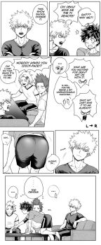 7koma ass ass_focus bakudeku bakugou_katsuki bare_legs boku_no_hero_academia couch curly_hair h_erodeku highres huge_ass indoors kaminari_denki kirishima_eijirou legs midoriya_izuku shirt shorts sitting socks spiked_hair table yaoi