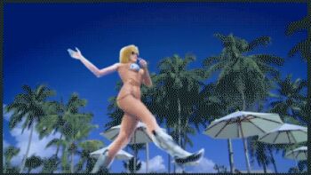 1girl 3d animated animated_gif bikini blonde_hair boots breasts dead_or_alive dead_or_alive_xtreme_2 dead_or_alive_xtreme_beach_volleyball female_focus game_screenshot large_breasts lowleg lowleg_bikini lowres nature outdoors plant sky solo sunglasses swimsuit tecmo tina_armstrong walking