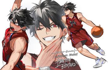 Rule 34 | 1boy, absurdres, arm up, ball, basketball, basketball (object), basketball jersey, basketball uniform, black hair, character name, commentary, copyright name, fangs, full body, hand on own chin, highres, kaohom503 2, looking at viewer, male focus, mogari shishikuno, multiple views, one eye closed, phantom busters, red eyes, red shorts, shoes, short hair, shorts, simple background, sportswear, sweat, tongue, tongue out, untranslatable commentary, white background, white shoes